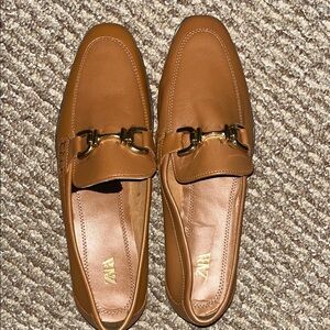 Zara Tan Leather Horsebit Loafers with Gold Hardware